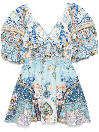 Camilla puff-sleeve mini dress - women - Silk/Linen/Flax - M - Blue