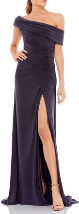 Mac Duggal Sleeveless Foldover Off-the-Shoulder Slit Gown in Charcoal at Nordstrom, Size 14