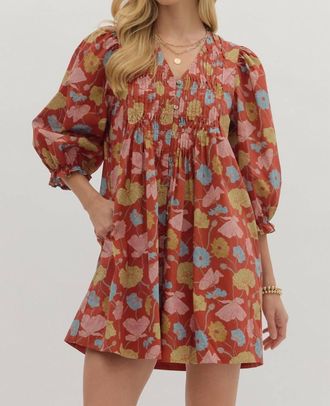 Entro Botanical Print Puff Sleeve Mini Dress In Rust
