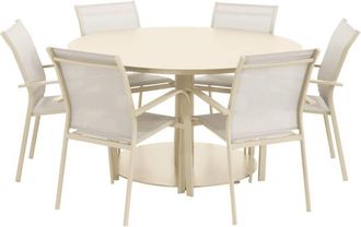 Sweeek Round garden table &Oslash;140cm aluminium + 6 chairs beige - Oreva + Buffalo