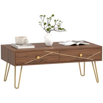 HOMCOM Coffee Table with Drawers - Living Room Table with Steel Base | TJ Hughes Brown