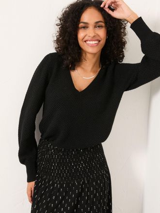 Fat Face FatFace Lara Black Sparkle Knitted V- Neck Tunic Jumper