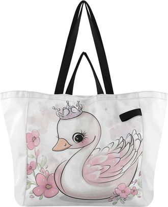Generic Pink Swan Blossom print Reusable Canvas Tote Bag, Heavy Duty Grocery Shopping Bag with Hard Bottom Large Capacity Double Handles Work Groceries Travel