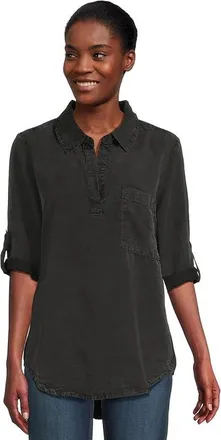 Mod-o-doc Roll Tab Patch Pocket Tunic Womens Blouse Black : MD (US 8-10), Linen/Rayon