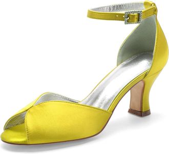 Generic Wedding Heels Low Heel Wedding Bridal Shoes Peep Toe Bridal Shoes Ankle Buckle Strap Satin Evening Party High Heels Sandals 6.5Cm,Yellow,10 UK