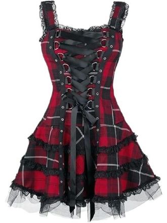 Generic Plaid Gothic Women A-line Dresses Aesthetic Lace Trim Patchwork Mini Dress Punk Partywear-Red-S