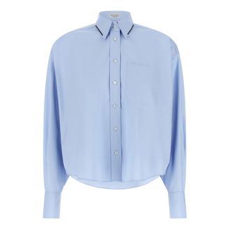 Brunello Cucinelli Monili Trim Crop Shirt - female - Brunello Cucinelli - Shirts - Blue - XS - Blouses & Shirts
