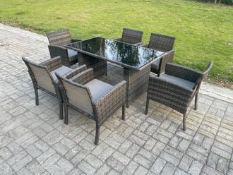 Fimous Wicker PE Outdoor Rattan Garden Furniture Arm Chair & Table Dining Sets 6 Seater Rectangular Table Dark Grey Mixed