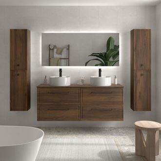 Cygnus Bath Mueble De Ba&ntilde;o Runa 120cm Nogal 4 Cajones Lavabo Sobre Encimera 2 Pozas Porcelana