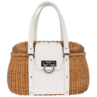 Ferragamo Basket Gancini Leather And Wicker White Leather Handbag (Pre-Owned)