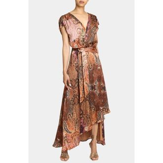 Santorelli Fallon Midi Dress in Printed Charmeuse in Chestnut Multi at Nordstrom, Size 14