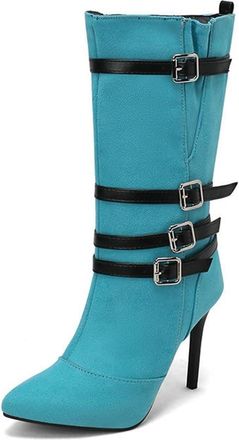 Generic Womens Fashion Buckle Straps Decor Pointed Toe Stiletto High Heel Mid Calf Boots Slip On Casual Party Winter Shoes (Blue,7.5)