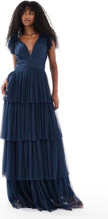 Lace & Beads Vestito lungo da cerimonia in tulle a balze blu navy con volant