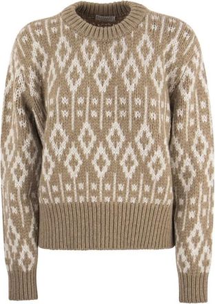 Brunello Cucinelli Beige Wool Patterned Sweater, Size Large