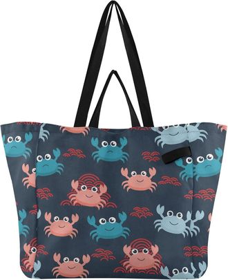 Generic Crab Dark Blue print Reusable Canvas Tote Bag, Heavy Duty Grocery Shopping Bag with Double Handles Hard Bottom Large Capacity Work Groceries Travel