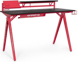 Konte Design Mesa de juego de madera y pvc negro, base de acero rojo, 135,5x60 cm