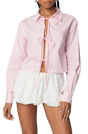 Edikted Melrose Cotton Tie Front Shirt in Light-Pink at Nordstrom, Size X-Small