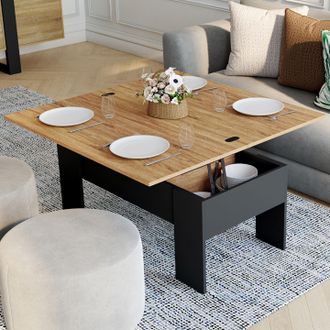 IDMarket Mesa De Centro Rectangular Elevable Tara Madera Negra E Imitaci&oacute;n Haya