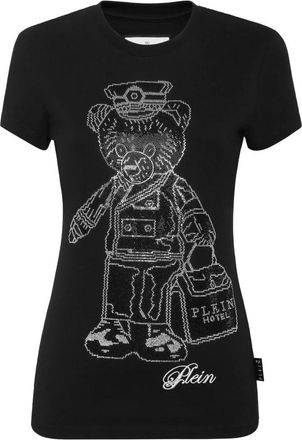 Philipp Plein Tops, Dames, Zwart, M, Katoen, Cotton Pure Fit T-Shirt Teddy Doorman Crystal