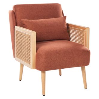 Beliani Sill&oacute;n Tradicional De Poli&eacute;ster Estructura De Madera Con Rat&aacute;n Trenzado Patas De Madera Tapones De Pl&aacute;stico Con Coj&iacute;n Naranja Orum