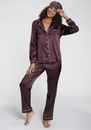 s.Oliver Pyjama S.OLIVER, Damen, Gr. 46, dunkelrot, Webqualit&auml;t, Obermaterial: 95% Polyester, 5% Elasthan, unifarben mit Farbeinsatz, regular fit lang, V-Aussc