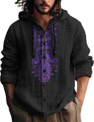 Generic Mens Casual Fashion Hooded Spring Autumn Long Sleeve Slub Linen Printed Shirt X Large Shirt (Black, XXXXXL)