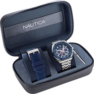 Nautica Mens Tin Can Bay Recycled Stainless Steel And Silicone Watch Box Set
