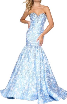 Mac Duggal Beaded Floral Brocade Prom Dress In Powder Blue