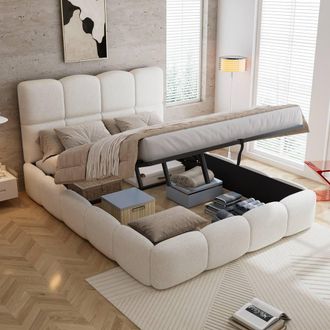 Merax 4ft6 Double Beige Boucle Upholstered Ottoman Bed with Storage