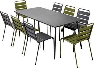 Oviala Conjunto mesa de jard&iacute;n y 8 sillas de metal verde caqui