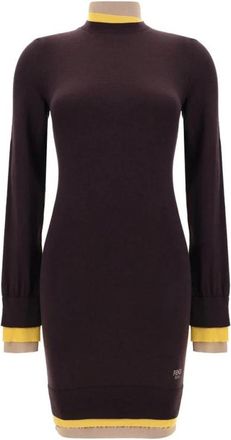 Fendi Geribbelde Mock Neck Mini Jurk - Dames - Kleedjes - Paars - M - Wol - Kleedjes
