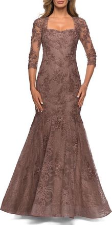 La Femme Long Lace Mermaid Gown with Square Neckline in Cocoa at Nordstrom, Size 14