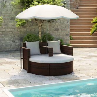 vidaXL Vidaxl Lettino Da Giardino Con Ombrellone Marrone In Polyrattan