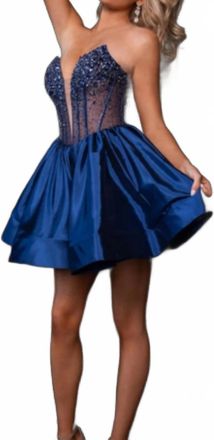 Rachel Allan Beaded Short Strapless A-Line Prom Dress In Navy