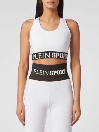 Plein Sport Cropped Jersey Sports Top with Square Neckline and Jacquard Logo
