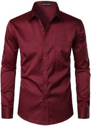 PARKLEES Mens Urban Stylish Casual Business Slim Fit Long Sleeve Button Up Dress Shirt with Pocket EU-PZLCL29 Burgundy XXX-Large