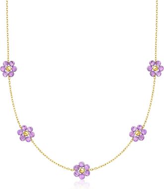 RS Pure by Ross-Simons Amethyst Flower Station Necklace in 14kt Yellow Gold