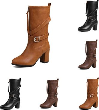 Generic Womens Mid Calf Boots Round Toe Zip Front Chunky Heel Fringe Square Buckle Western Ankle Boots(Yellow, 36)