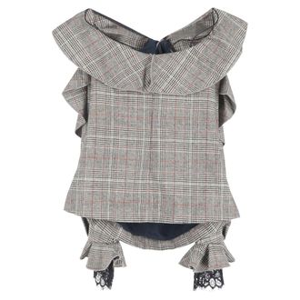 Self Portrait Plaid Frill Off-Shoulder Blouse in Grey Wool
