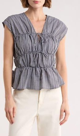 Ellen Tracy Gingham Shirred Tie Top in Black Check at Nordstrom Rack, Size X-Small
