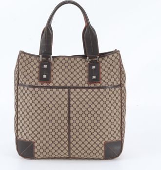 Celine Brown Leather Canvas Handbag Shoulder Bag Tote Bag (Pre-Owned)