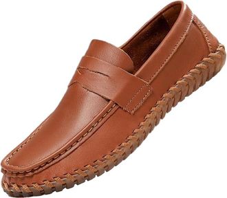 Generic Mens Large Size Leather Slip On Loafers Hand Stitched Casual Business Shoes Genuine Leather Comfort Flats Easy Wear Style for Work Office and Daily Us