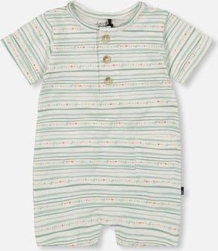 Deux par Deux Printed Organic Cotton Romper in White Printed Mint Green Lines at Nordstrom, Size 18M