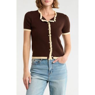 Joie Ruffle Short Sleeve Crop Cardigan in Chocolate/Sunny Glade at Nordstrom Rack, Size X-Small