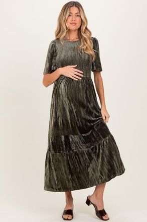 Pinkblush Smocked Velvet MIdi Dress in Olive Green at Nordstrom, Size X-Large