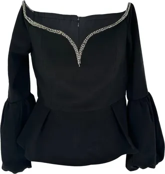 Self Portrait Crystal-Embellished Neckline Top in Black Polyester