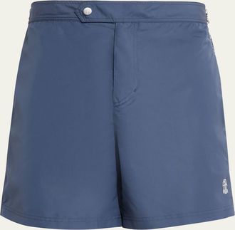 Brunello Cucinelli Mens Tabbed-Waistband Nylon Swim Shorts with Piping