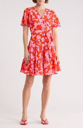 Eliza J Floral Short Sleeve Fit & Flare Dress in Pink at Nordstrom Rack, Size 12