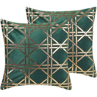 Beliani Beliani - Conjunto De 2 Cojines Decorativos Patr&oacute;n Diamantes Geom&eacute;trico Verde Oscuro/dorado 45 X 45 Cm Decoraci&oacute;n Glamour Cassia
