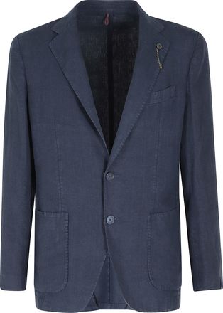 Santaniello Blue Ruched Linen Single-Breasted Blazer
